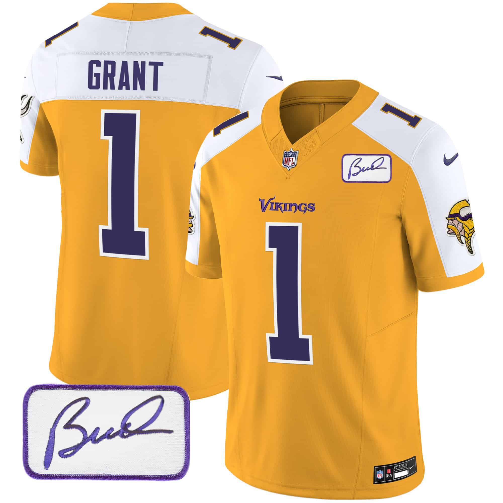 Men Minnesota Vikings #1 Grant Yellow 2024 Nike Bud Grant Patch Classic Limited NFL Jersey style 2